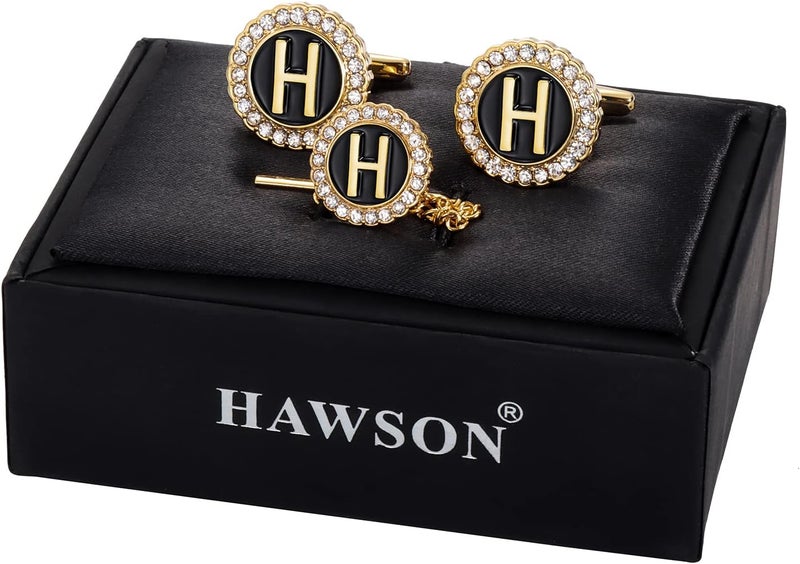 HAWSON أزرار أكمام ذهبية ودبوس ربطة عنق للرجال، أزرار أكمام ذهبية كريستالية مع دبابيس لابيل لمجموعة الرجال والنساء، دبوس ربطة عنق مع سلسلة على ربطة العنق لملحقات الزفاف والأعمال - Image 2
